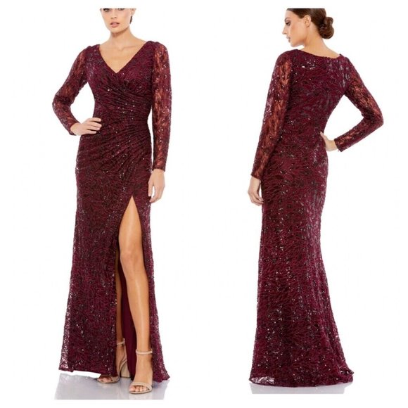 NEW MAC‎ DUGGAL Long Sleeve Sequined Lace Ruched Formal Garnet Gown 12412 - Picture 1 of 8